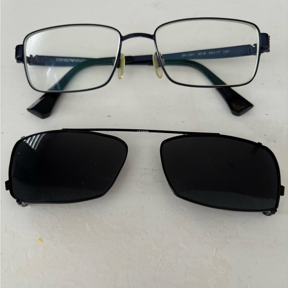 Emporio Armani Black Frame Eyewear with clip on sunglasses with case